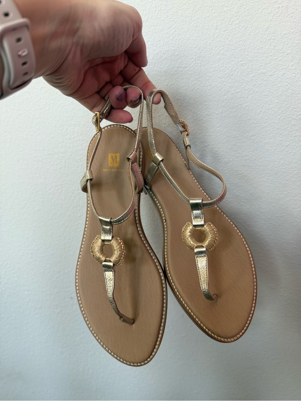 Bruno Magli Gold Metallic T-Strap Sandals